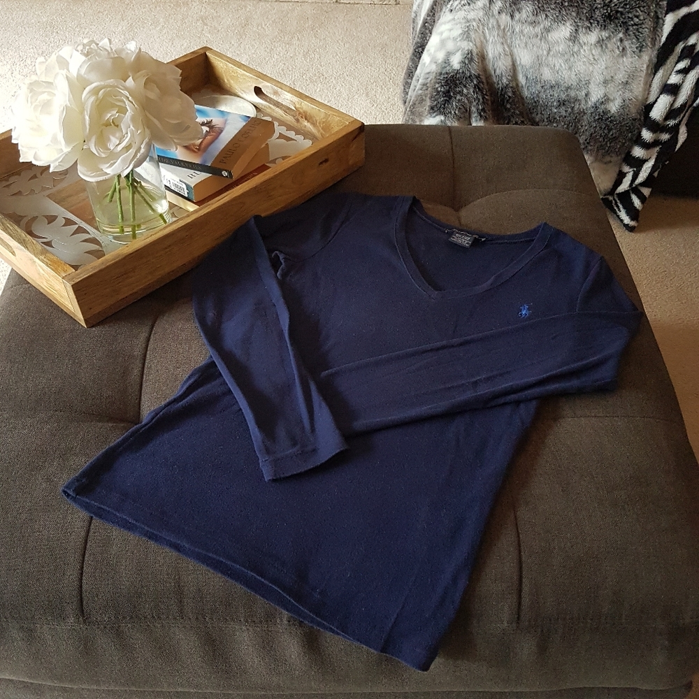 Ralph Lauren Sport Navy Blue Fitted Cotton Logo V-neck Long Sleeve T-shirt